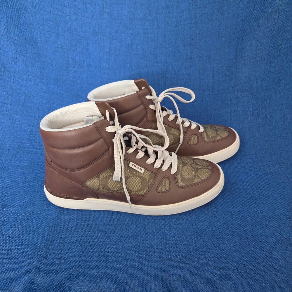 Coach Clip Court High Top Mens 9.5 Brown Signature Monogram Leather EUC